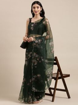 Vastranand - Green Organza Party Wear Saree With Stone Mirror Work with Unstitched Blouse