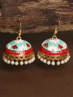 OOMPH - Red and Mint Green Meenakari Enamel Minimal Floral Jhumka Earrings