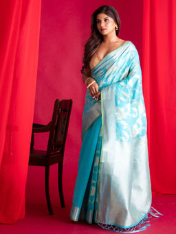 Beatitude - Blue Banarasi Saree with Unstitched Blouse