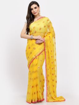 KISHORI - Women Meena Zari & Gota Work Chiffon Saree & Blouse Yellow with Unstitched