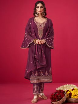 Stylee LIFESTYLE - Wine Georgette Embroidered Dress Material (Set of 3)