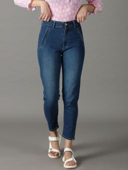 SHOWOFF - Women's Stretchable Clean Look Navy Blue Mom Fit Jeans