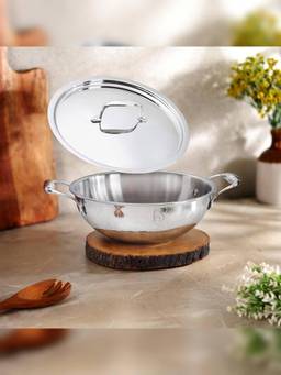 FNS - NuChef Triply Stainless Steel Kadai with Lid Heavy Bottom 3 Layer