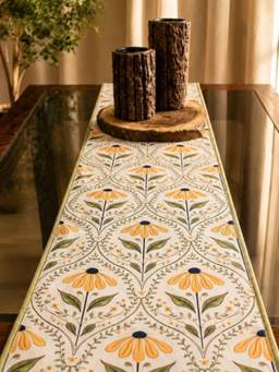 Akira Furnishings - Yellow Floral Printed Table Runner (4 Seater)