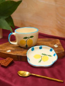 WEAVING HOMES - Lemon Mug & Handmade Dessert Plate Combo (Pack of 2)