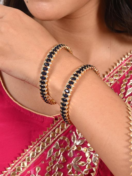 Ratnavali Jewels Gold Plated Oval Black American Diamond Cz Bangle