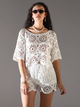 SHOWOFF - Women's White Self Design Co-Ord (Set of 2)