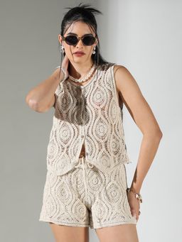 SHOWOFF - Edition Women's Cream Solid Crochet Co-Ord (Set of 2)