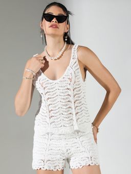 SHOWOFF - Edition Women's White Self Design Crochet Co-Ord (Set of 2)