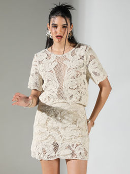 SHOWOFF - Edition Women's Cream Self Design Crochet Co-Ord (Set of 2)