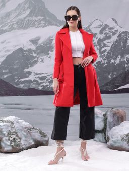 KOTTY - Women's Red Relaxed Fit Overcoat with Belt (Set of 2)