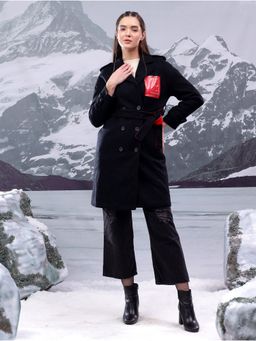 KOTTY - Women's Black Relaxed Fit Overcoat with Belt (Set of 2)