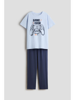 H&M - Boys Blue Printed Cotton T-Shirt & Pyjamas