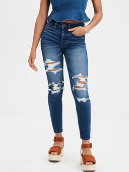 American Eagle - Blue Solid Slip Fit Ribbed Jeans