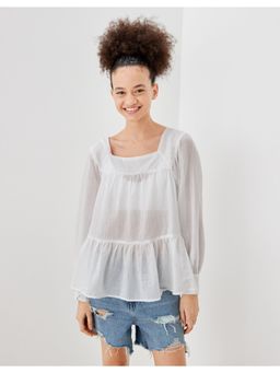 American Eagle - Women White Long-Sleeve Square Neck Peasant Top