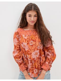 American Eagle - Women Orange Long-Sleeve Square Neck Peasant Top