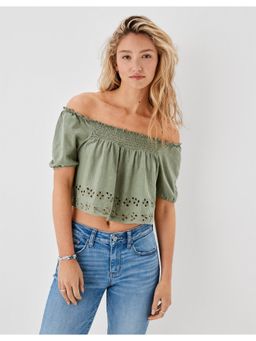 American Eagle - Women Green Puff-sleeve Eyelet Tee