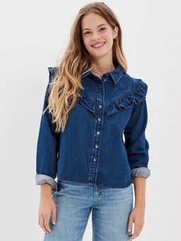American Eagle - Women Blue Oversized Denim Western Shirt