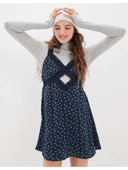 American Eagle - Women Navy Silky Cut-out Printed Lace Mini Dress