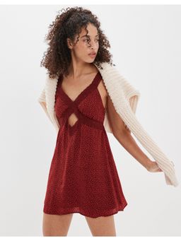 American Eagle - Women Burgundy Silky Cut-out Printed Lace Mini Dress