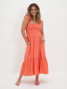 American Eagle - Women Peach Flutter-sleeve Smocked Midi Dress