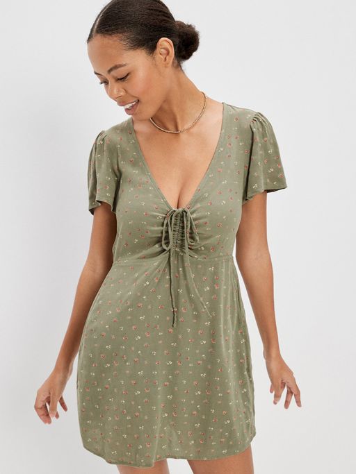 Buy American Eagle Women Green Printed Cinched Front Mini Dress Online