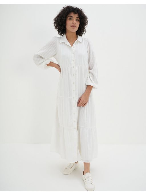 Buy American Eagle Women White Long-sleeve Midi Shirt Dress Online