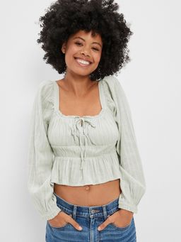 American Eagle - Women Green Full Sleeve Ruched Blouse