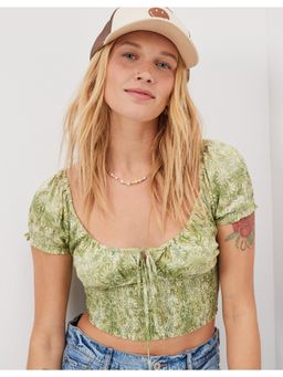 American Eagle - Women Green Short-Sleeve Smocked Blouse
