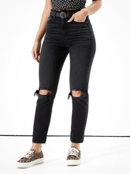 American Eagle - Women Black Ripped Mom Jeans