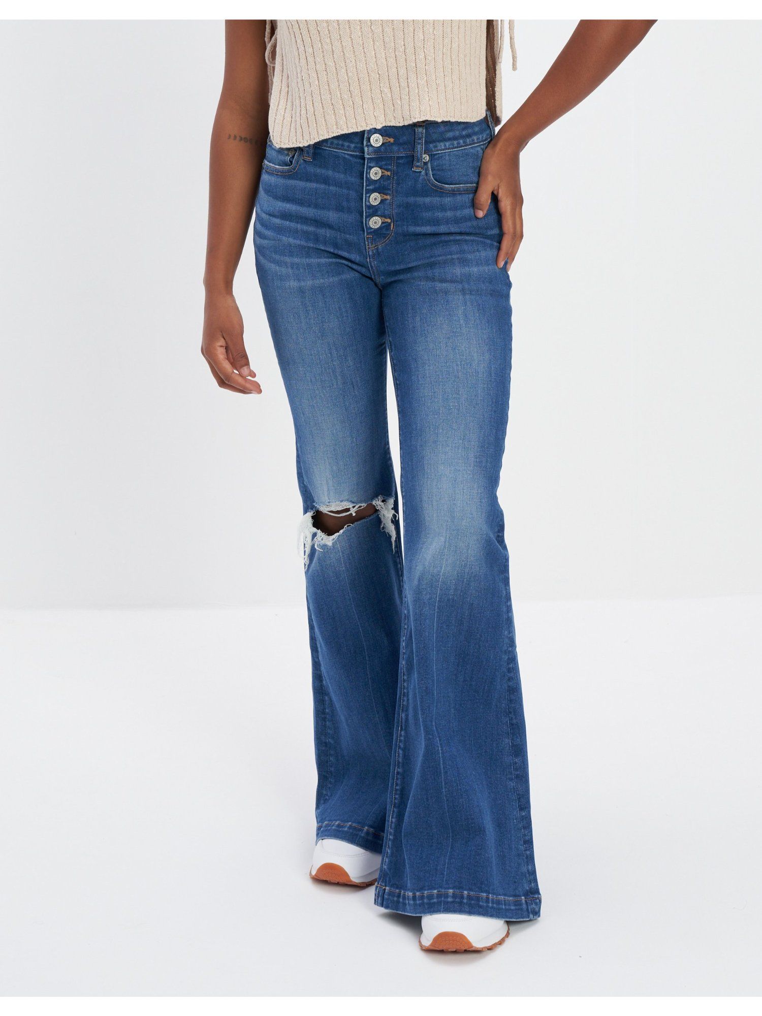 american eagle Women Navy Next Level Stretch High Rise Ripped Flare Jeans-picture-27