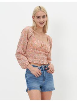 American Eagle - Women Pink Long-sleeve Ruched Blouse