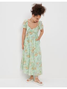 American Eagle - Women Green Floral Open Back Corset Midi Dress