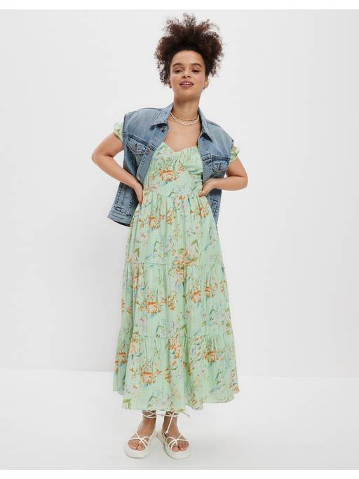 Buy American Eagle Women Green Floral Open Back Corset Midi Dress Online