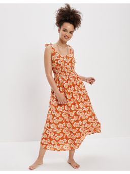 American Eagle - Women Red Smocked Tie-strap Midi Dress