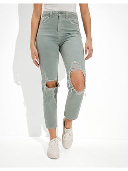 American Eagle - Women Grey Ripped Mom Straight Jeans