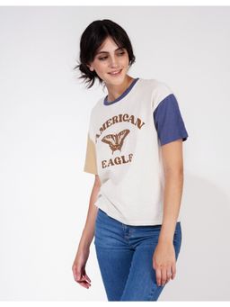 American Eagle - Women Cream Colorblock Typography Tee