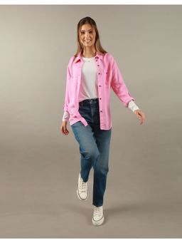 American Eagle - Women Pink Long-Sleeve Button-Up Shirt