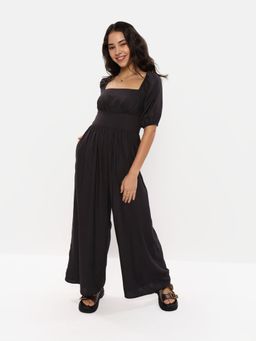 American Eagle - Women Black Puff Sleeve Wide-Leg Jumpsuit