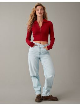 American Eagle - Women Red Cropped Eyelash-Collar Full-Zip Sweater