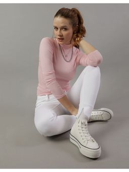 American Eagle - Women Pink Long-Sleeve Cropped Hey Baby Mock Neck Tee