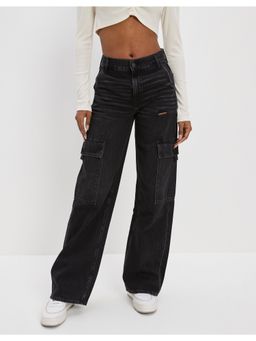 American Eagle - Women Black Super High-Waisted Cargo Baggy Wide-Leg Jeans