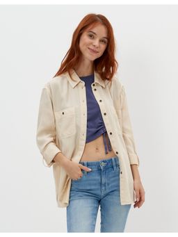 American Eagle - Women Beige Long Sleeve Button Up Shirt