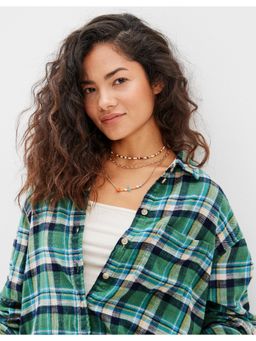 American Eagle - Women Green Oversized Checks Flannel Shirt
