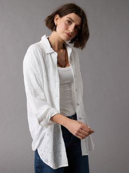 American Eagle - Women White Embroidered Go Big Casual Shirt