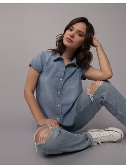 American Eagle - Women Blue Half-Sleeve Button-Up Casual Shirt