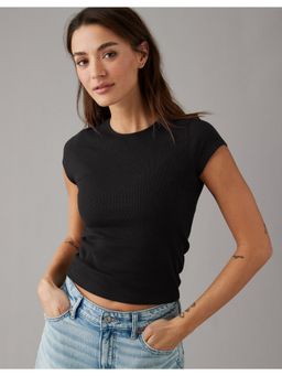 American Eagle - Women Black Hey Baby Ribbed T-Shirt