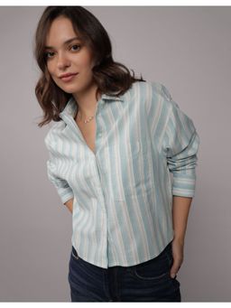American Eagle - Women Blue Cropped Button Up Shirt