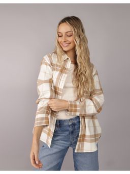 American Eagle - Women Brown Oversized Plaid Flannel Shirt