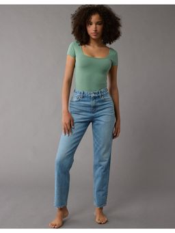 American Eagle - Blue Solid Mom Fit Jeans